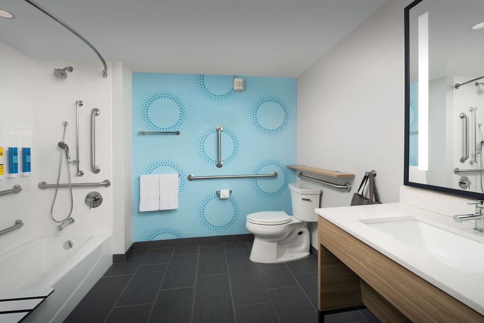 Room, 1 King Bed, Accessible, Bathtub | Bathroom | Rainfall showerhead, eco-friendly toiletries, hair dryer, towels