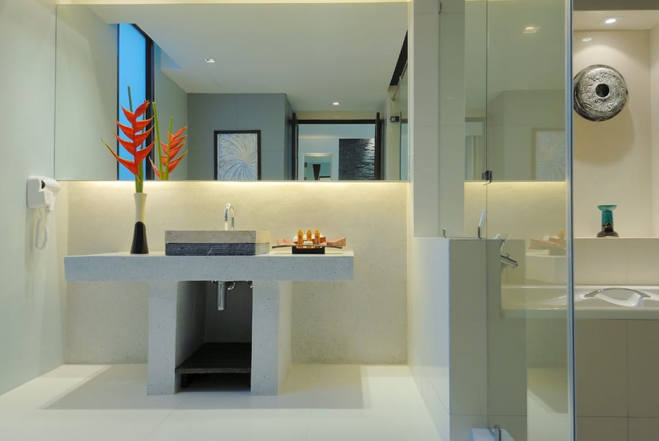 Separate tub and shower, hair dryer, bathrobes, slippers