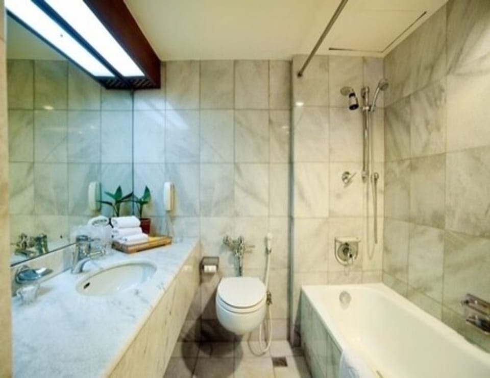 Combined shower/tub, free toiletries, bidet, towels