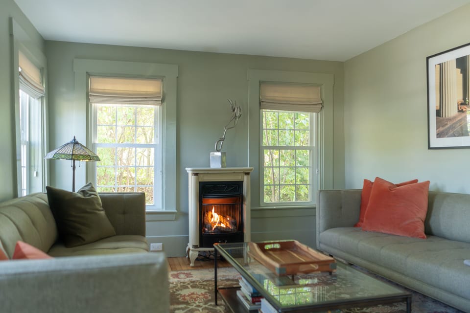 Living room with gas fireplace.