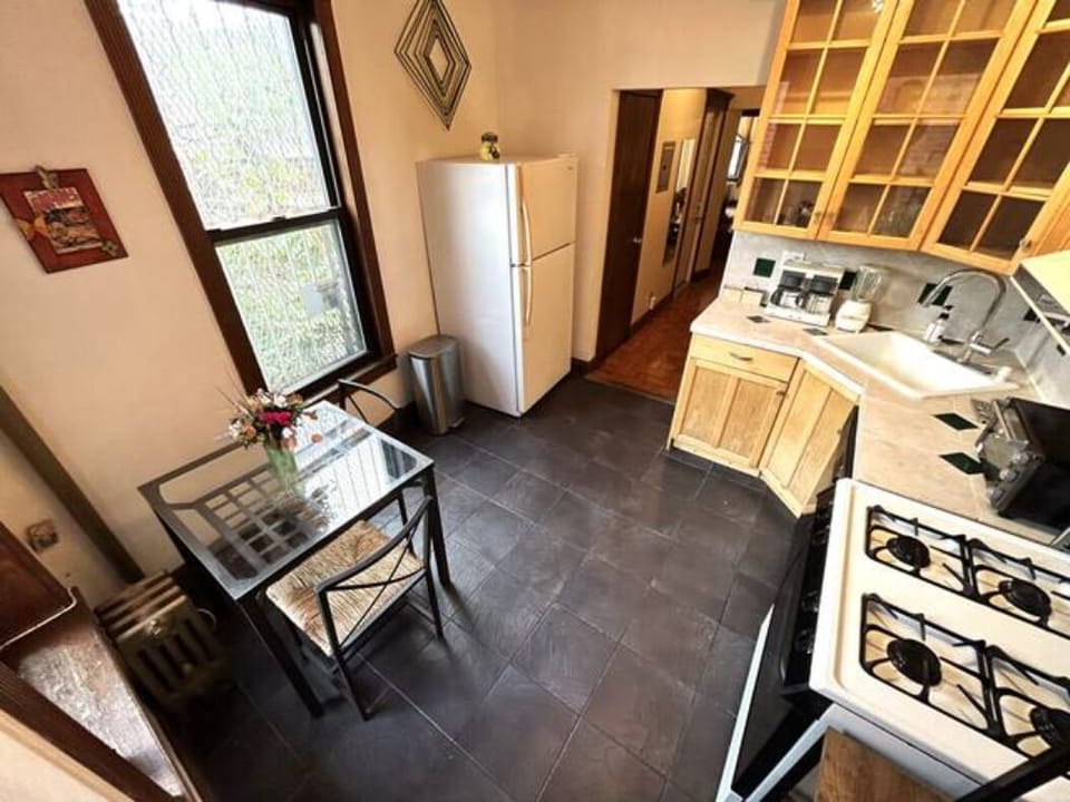 The kitchen has a dinette set that seats 4 guests comfortably. 