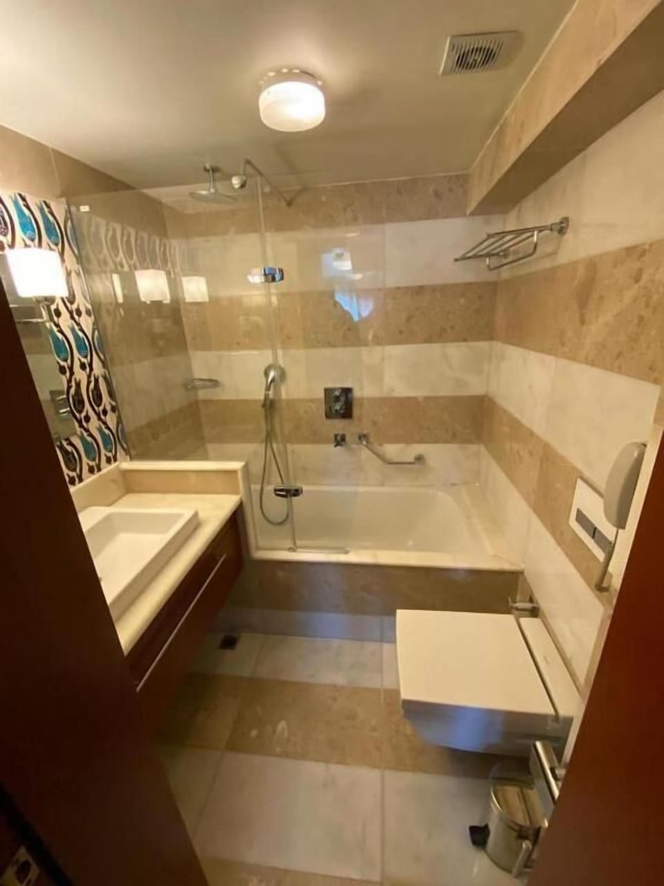 Hair dryer, slippers, towels, soap