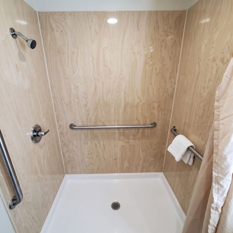 Economy Room, 1 King Bed, Accessible | Bathroom | Combined shower/tub, hair dryer, towels