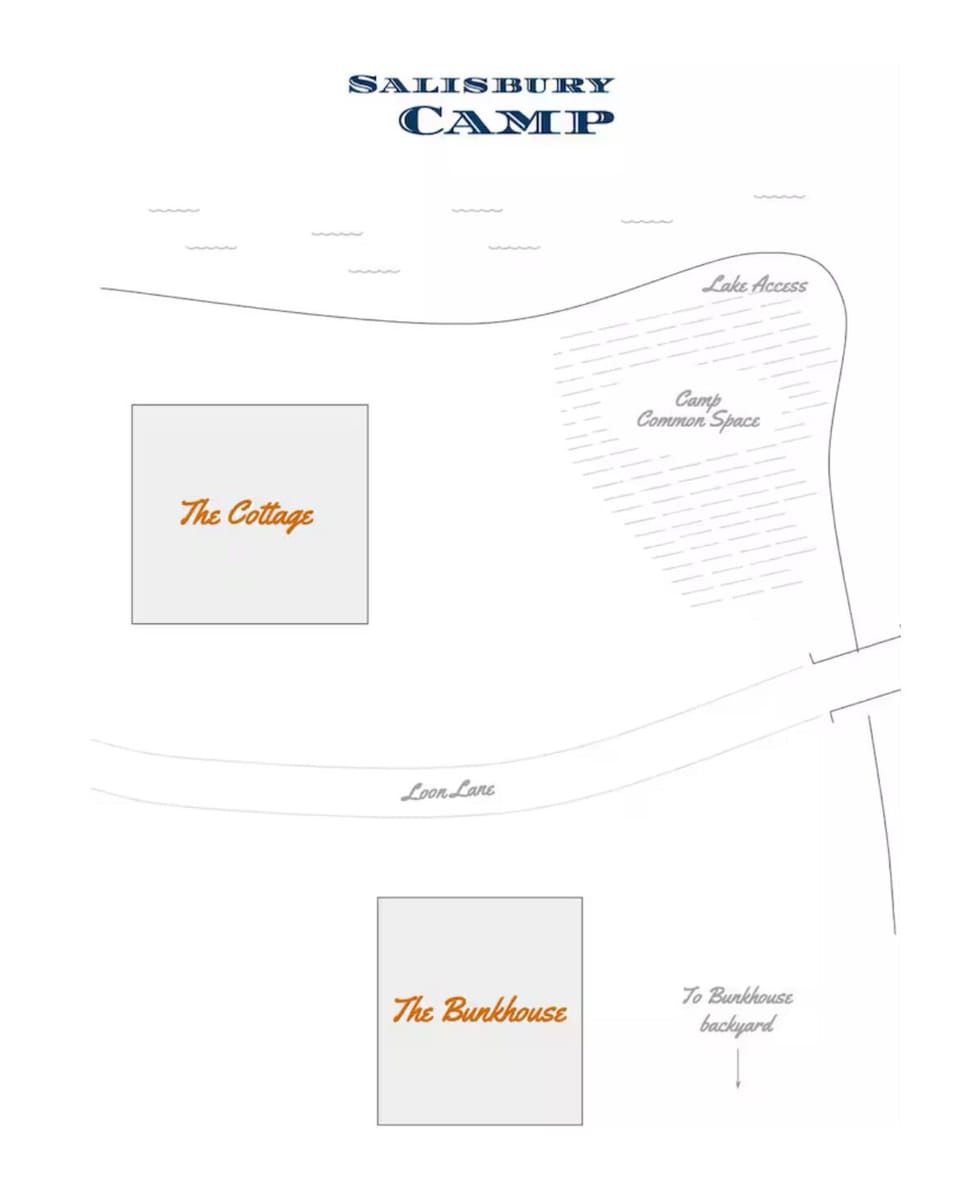 Map of Salisbury Camp, showing the Cottage and common space, lake access