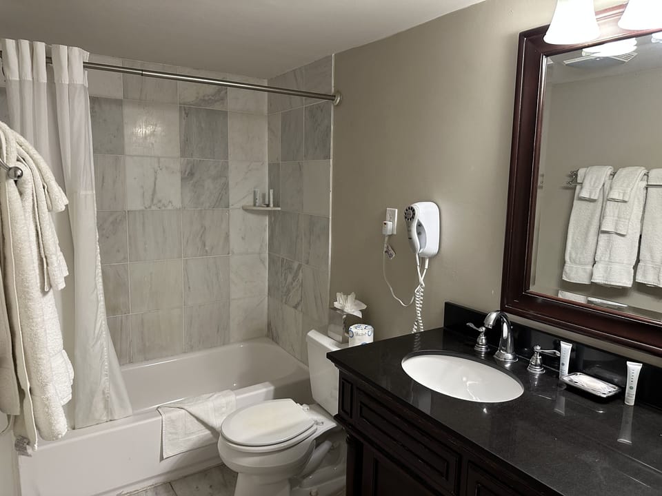 Deluxe Room, 2 Queen Beds | Bathroom | Combined shower/tub, free toiletries, hair dryer, towels
