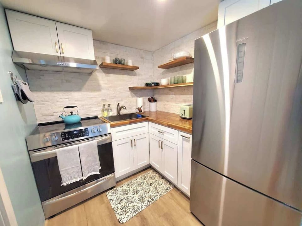 Kitchen fully stocked with all your cooking needs, spices, blender, toaster, coffee and much more!