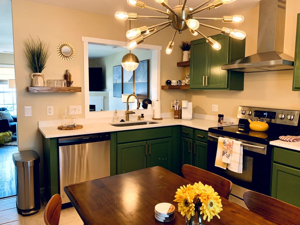 Dine-In Kitchen with plenty of space and lots of lights (fun fixtures)