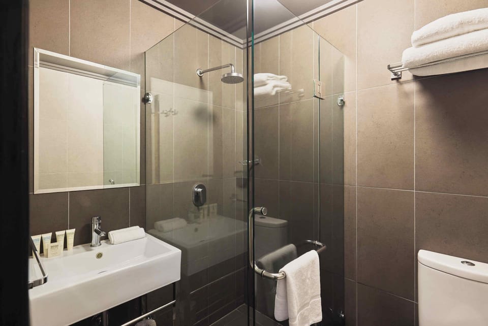 Shower, free toiletries, hair dryer, towels