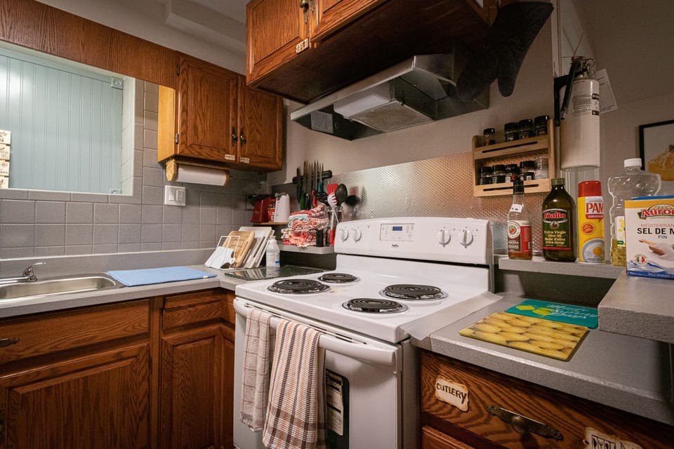 Full-size fridge, microwave, oven, stovetop