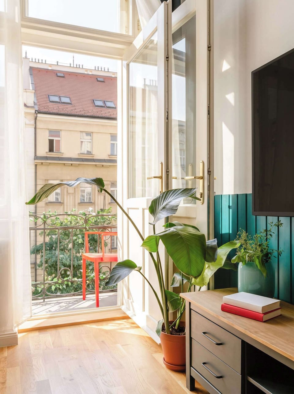 The apartment has a private balcony