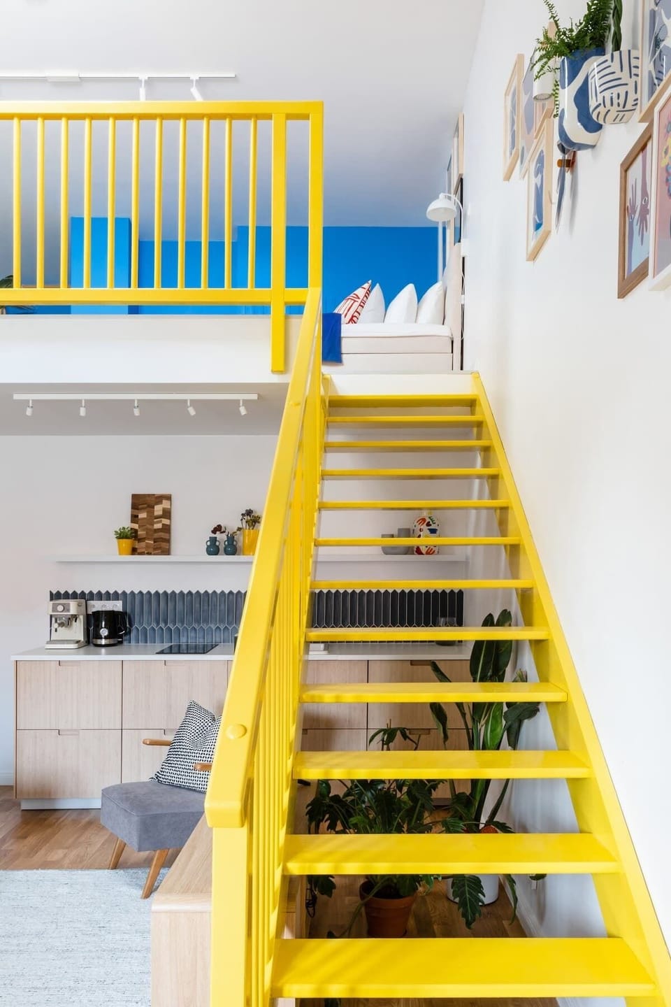 Stairs from lower to the upper level of the apartment