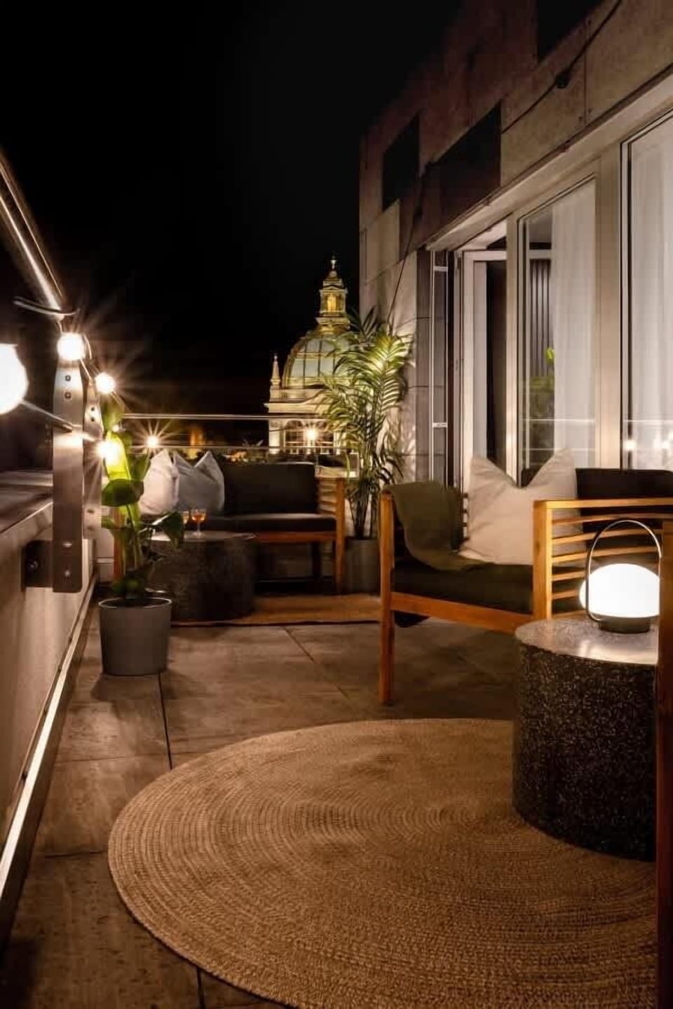 Terrace at night with the view of the National Museum during the night