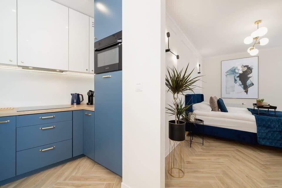 A bright view of the white and blue kitchen area, highlighted by a small potted plant, blending modern design with a refreshing touch of greenery.
