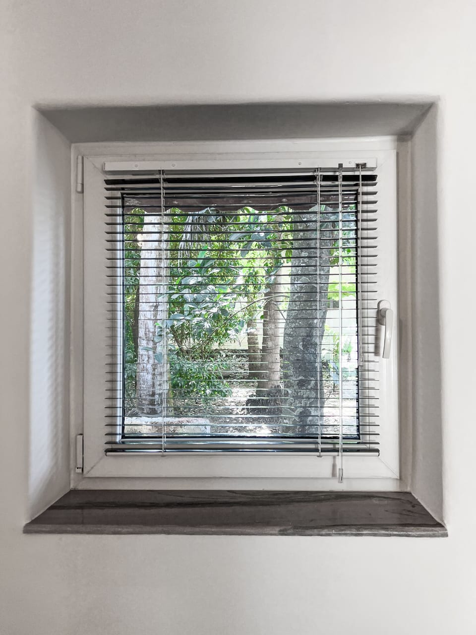 bed room window with view to green garden and with adjustable blinds