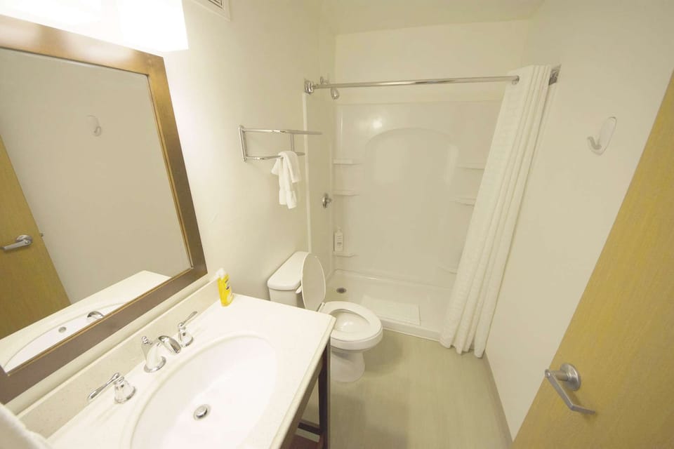 Bathroom with walk-in shower, sink and mirror