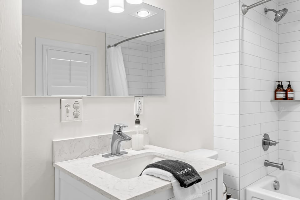Bathroom vanity with sink, mirror, and shower