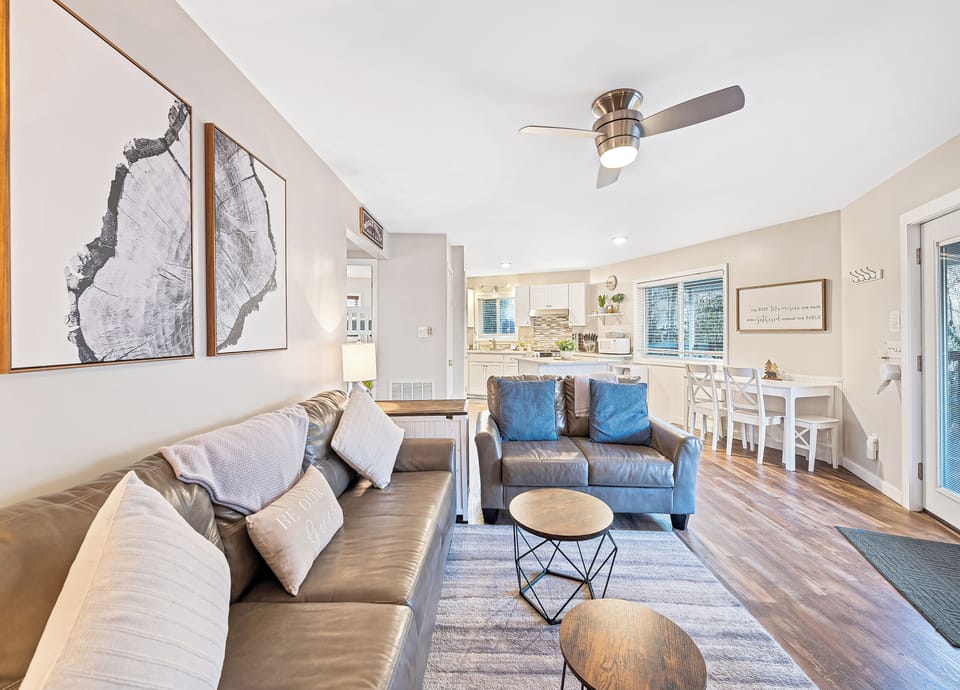 Spacious Living Room with Smart TV, dog crates, gas fireplace