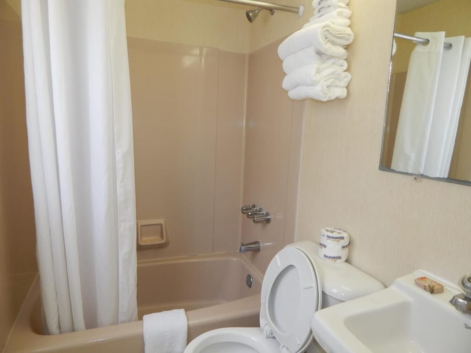 Combined shower/tub, free toiletries, towels