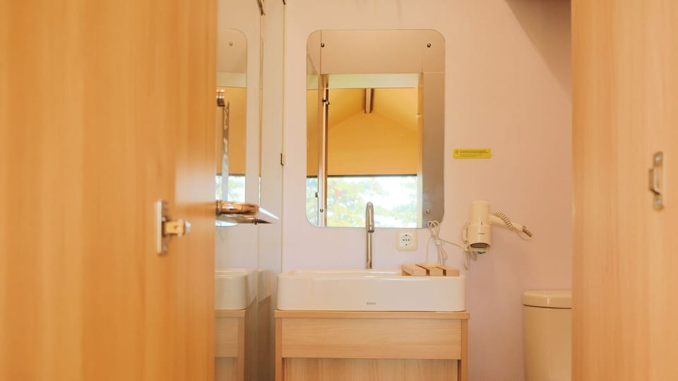 Deluxe Cabin | Bathroom | Shower, hair dryer, towels, soap