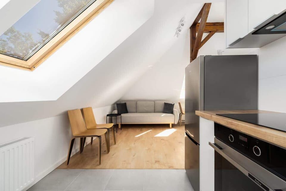 Another angle of the attic kitchen and living space, emphasizing the modern appliances and bright, airy design.

