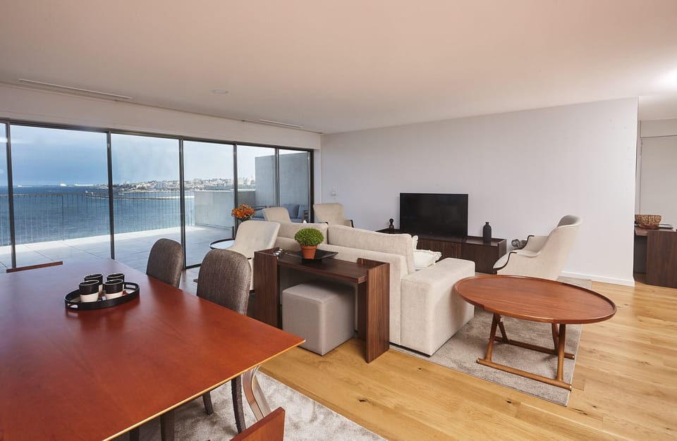 Living room, TV and ocean view.