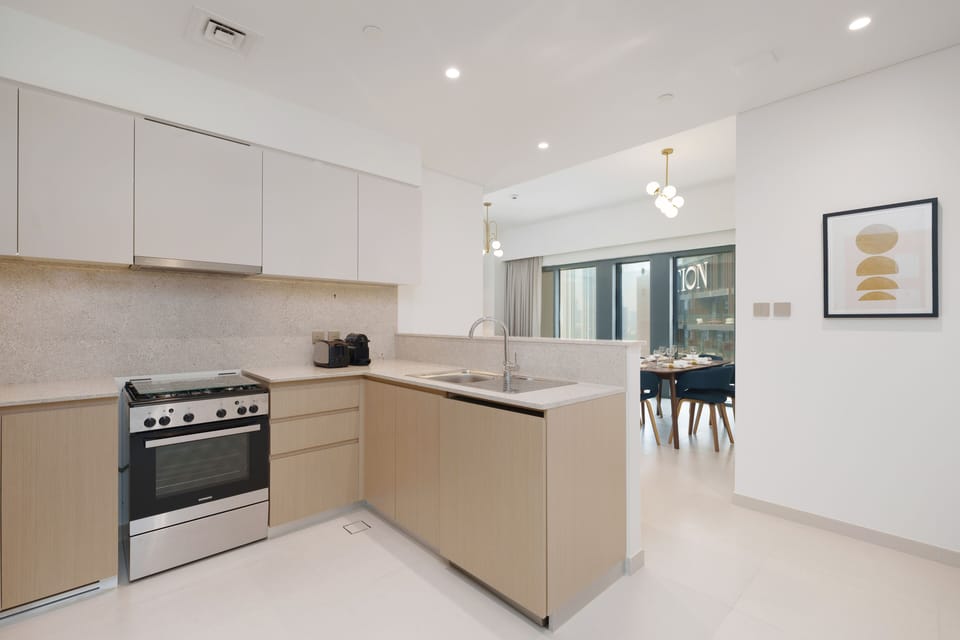 Deluxe Apartment, 2 Bedrooms | Private kitchen | Fridge, microwave, oven, dishwasher