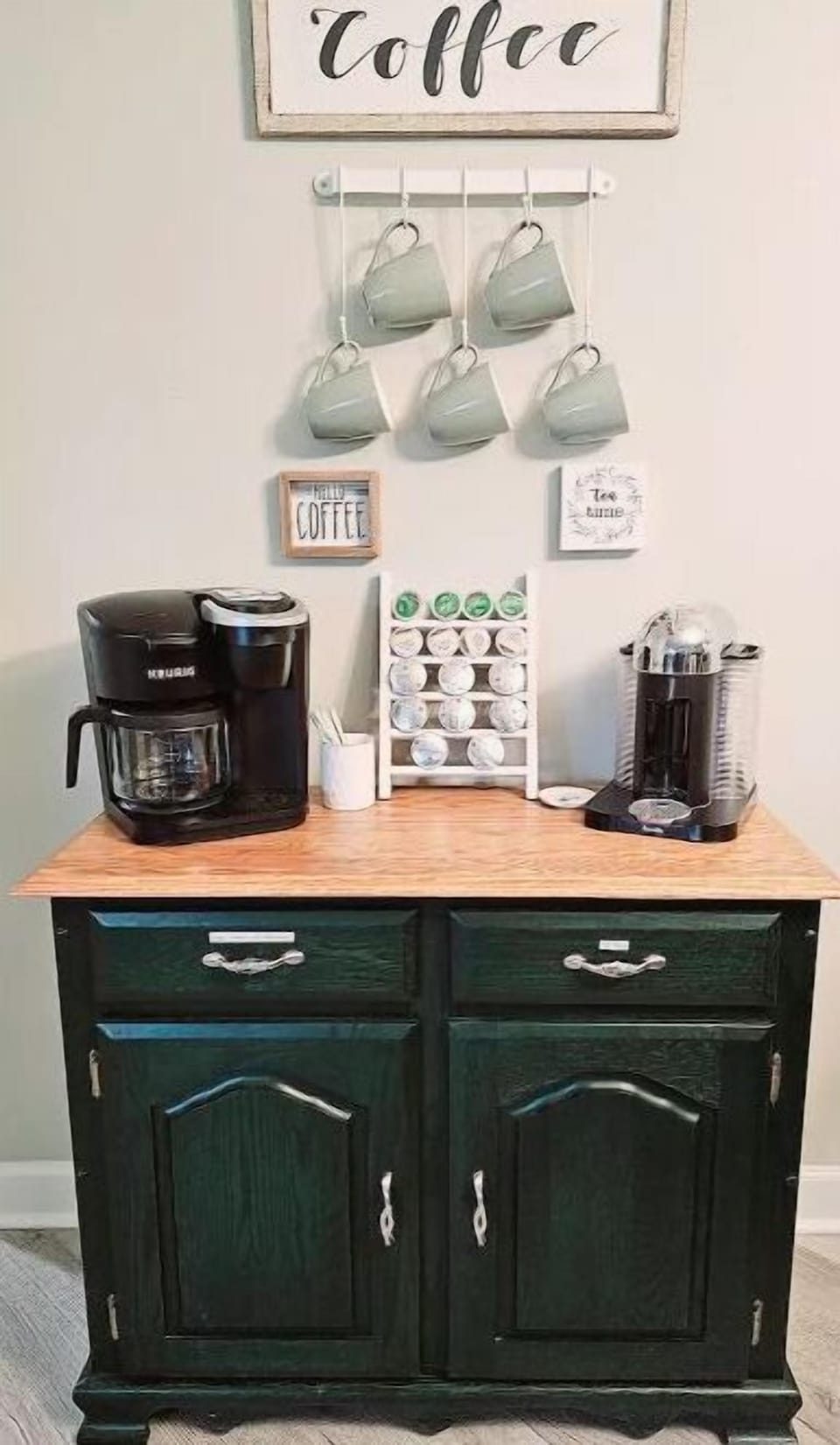 Fully stocked coffee station with tea as well as a Keurig and Nespresso machine