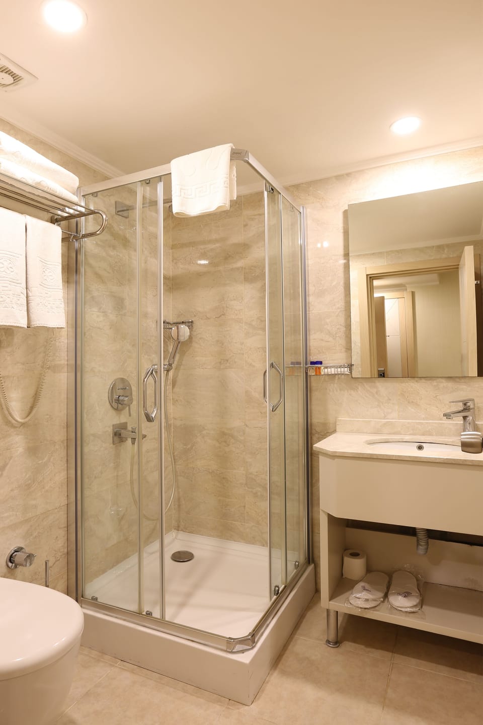 Shower, free toiletries, hair dryer, bathrobes