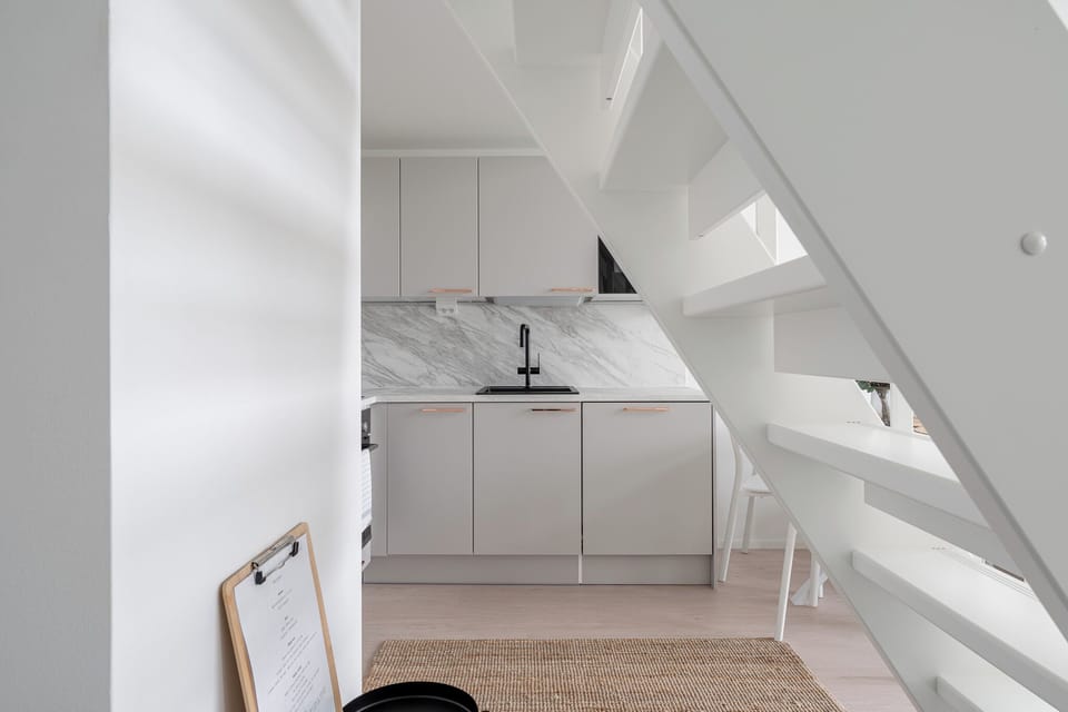 Design Apartment | Private kitchen | Full-size fridge, microwave, oven, stovetop