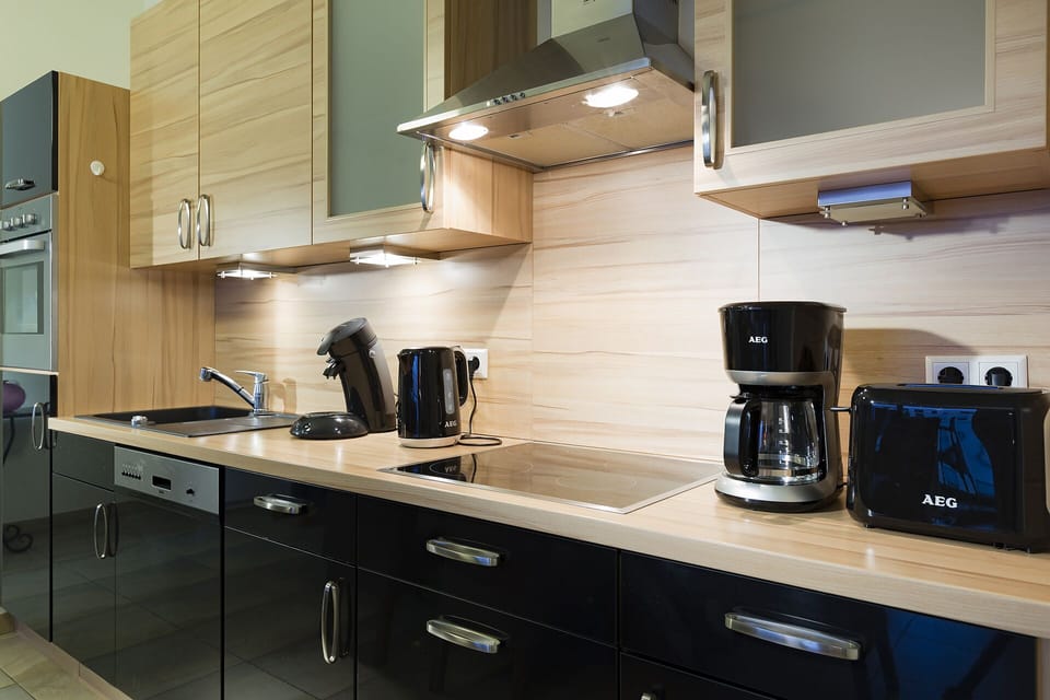 Deluxe Apartment | Private kitchen | Fridge, dishwasher, electric kettle, toaster