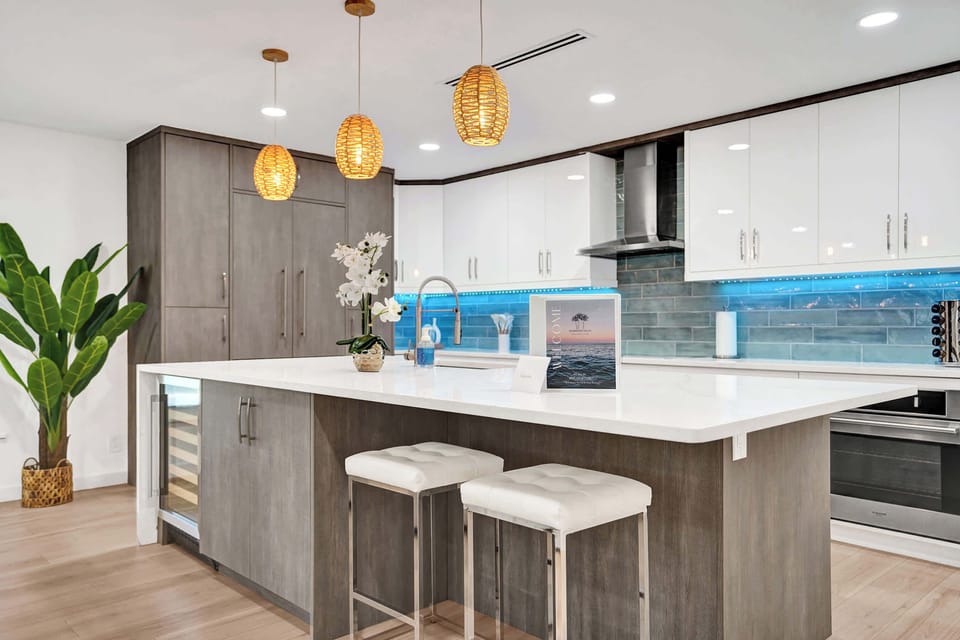 Kitchen is complete with kitchen wares and has brand new built-in designer appliances.