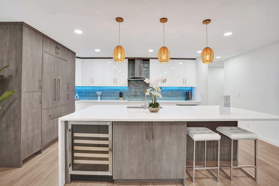 Kitchen is complete with kitchen wares and has brand new built-in designer appliances.