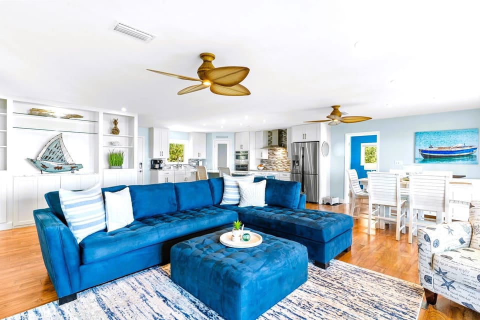 Living room with a wraparound couch