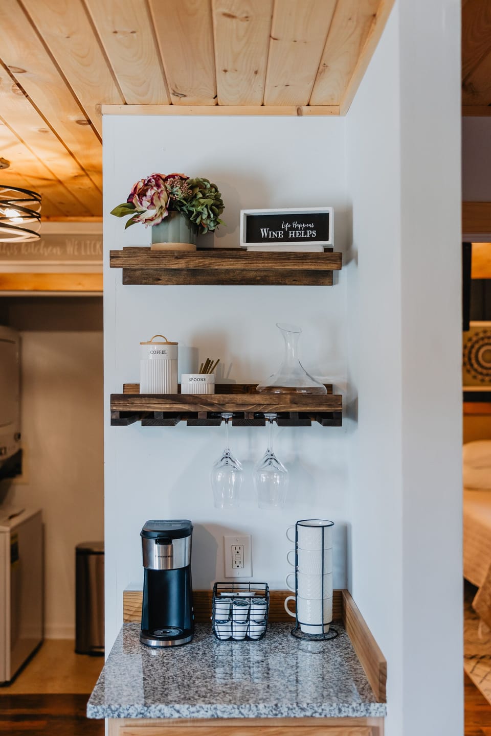 Guests will enjoy complimentary k-cups and have a plenty of drinkware options
