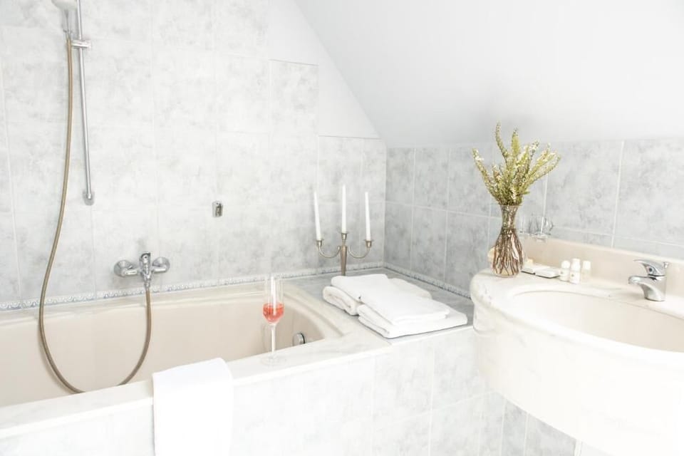 Combined shower/tub, free toiletries, hair dryer, towels