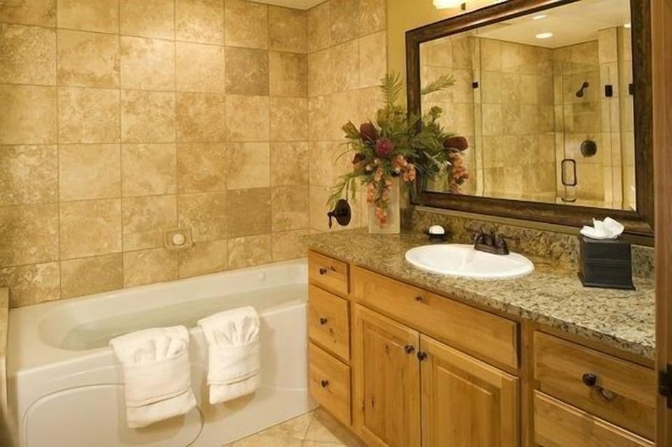 The bathroom features a vanity mirror, shower and bathtub