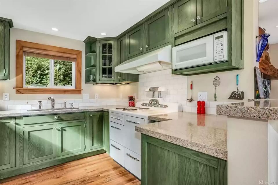 Modern kitchen, nature's green aesthetic.