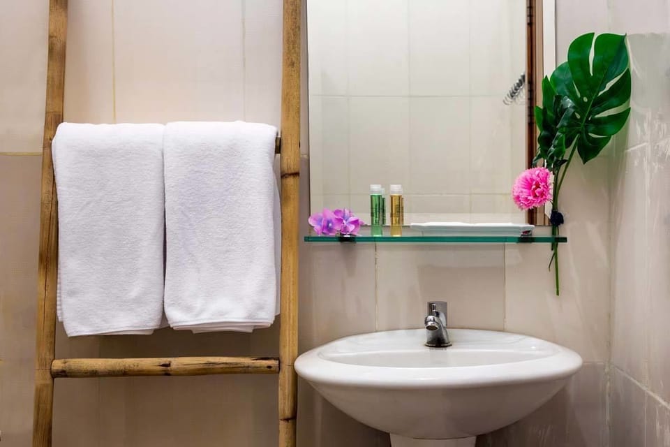 Shower, hydromassage showerhead, free toiletries, hair dryer