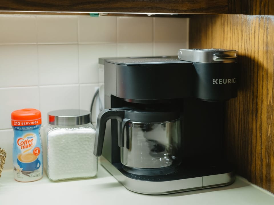 Coffee is so important. We'll start your trip off right with a starter set of kcups and coffee grounds so you can make a pot or two.