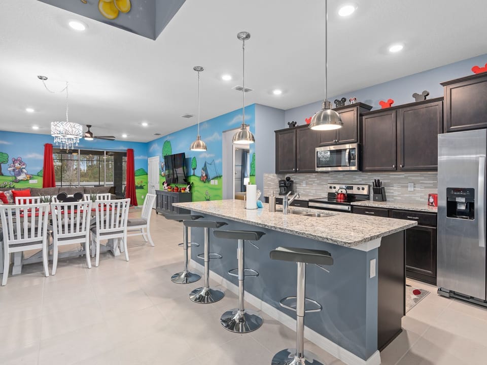 Kitchen island seats 4, table seats 8