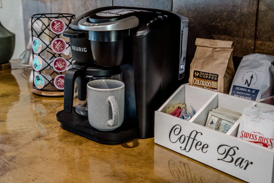 Coffee/Tea/Hot Chocolate Bar featuring K-cups, drip coffee maker or French Press