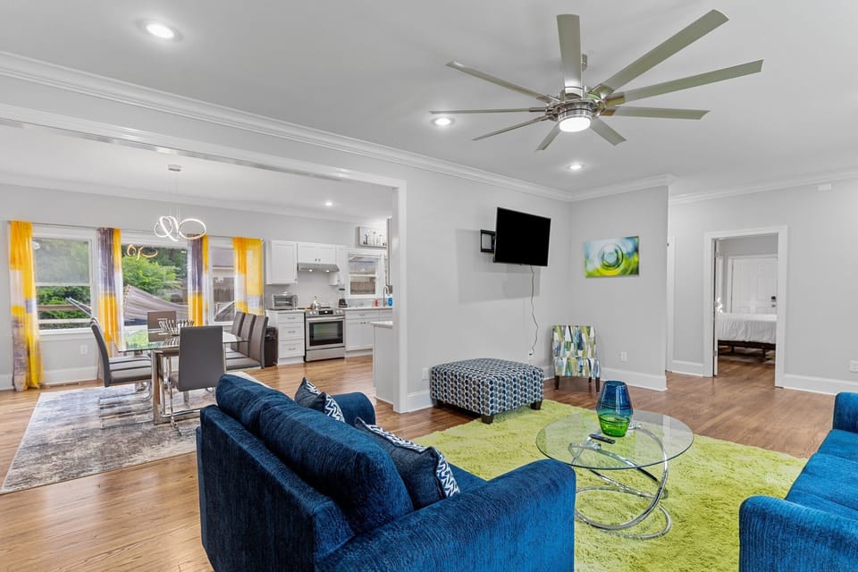 living room flows right into dining room