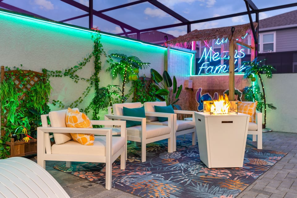 Outdoor Lilo and Stitch patio equipped with a fire pit and splash pool!