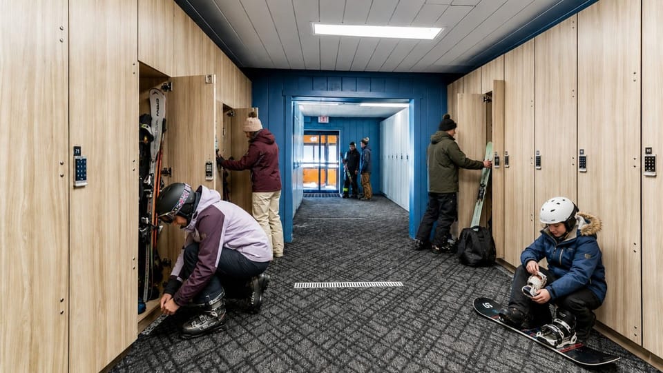 Secure ski lockers make storing your gear easy.(Fee)