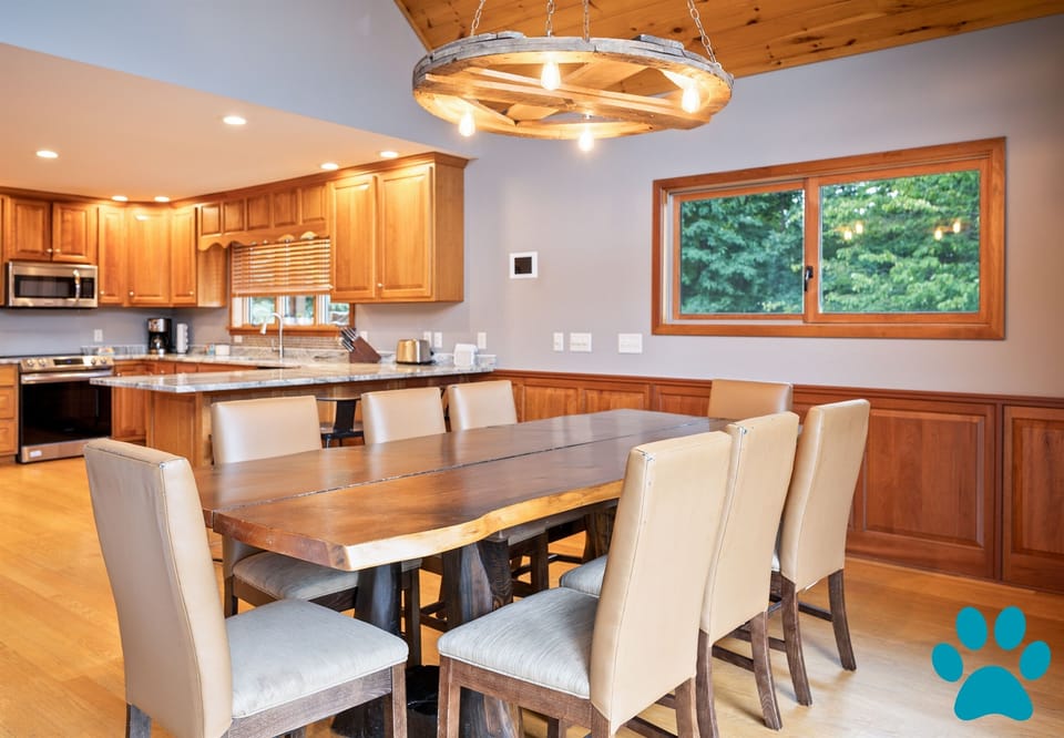 Live edge dining table has plenty of seating for everyone.