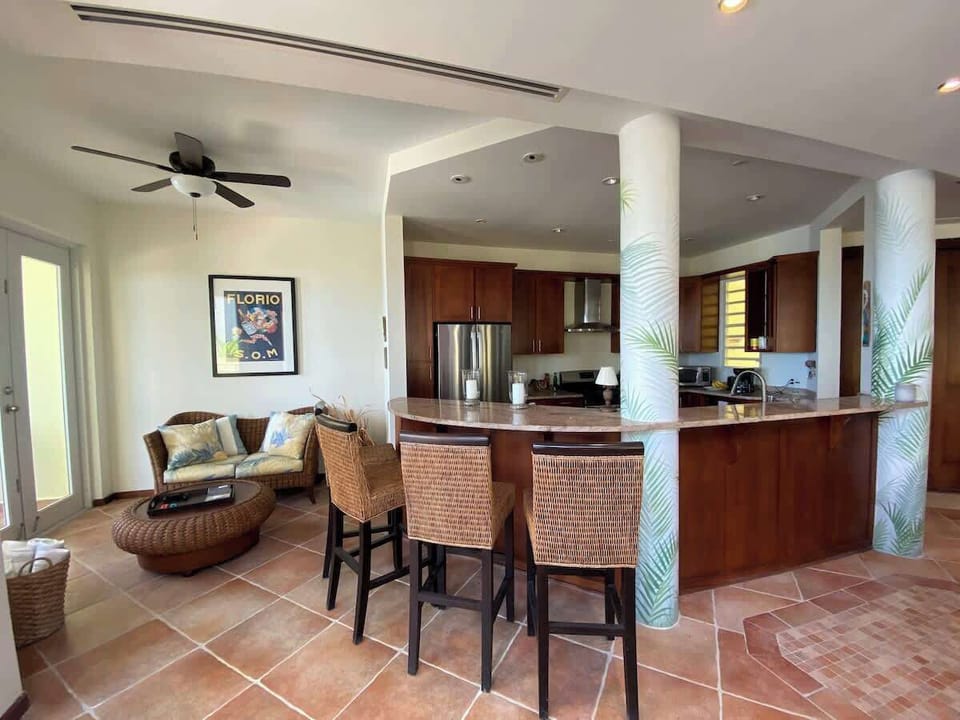 Kitchen, bar and siting area.