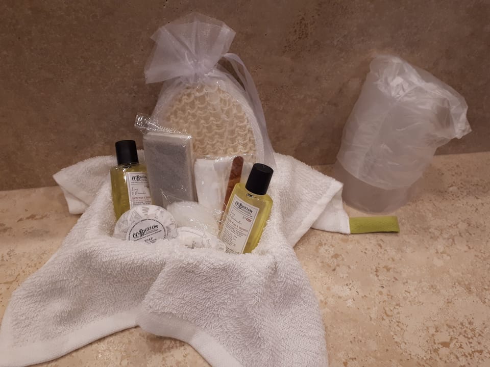 Free toiletries, hair dryer, bidet, towels