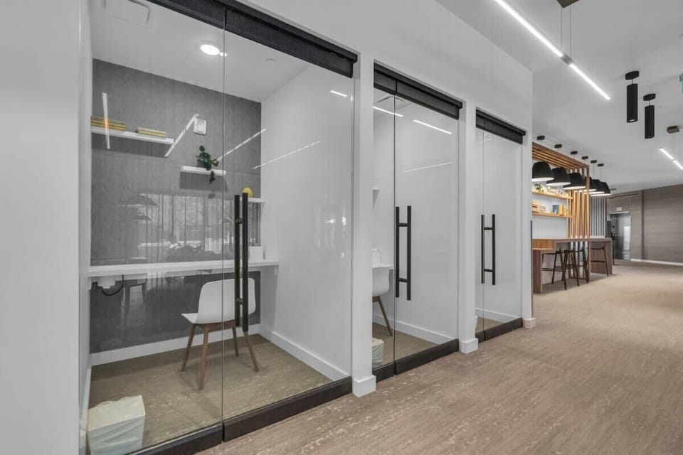 This studio is perfect for remote work with three dedicated work pods in the lobby that are perfect for zoom meetings.