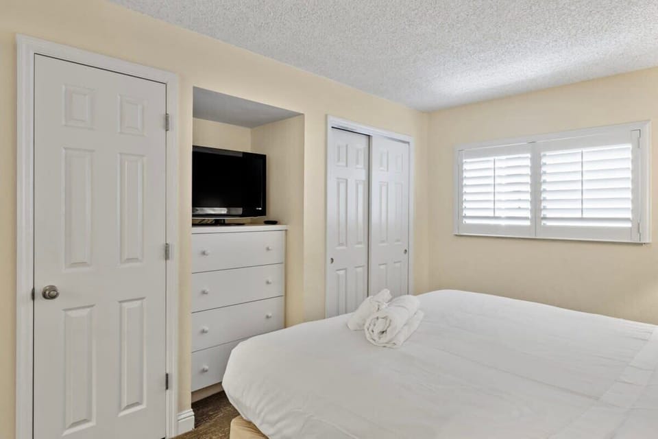Flat screen TV and multiple closets in bedroom