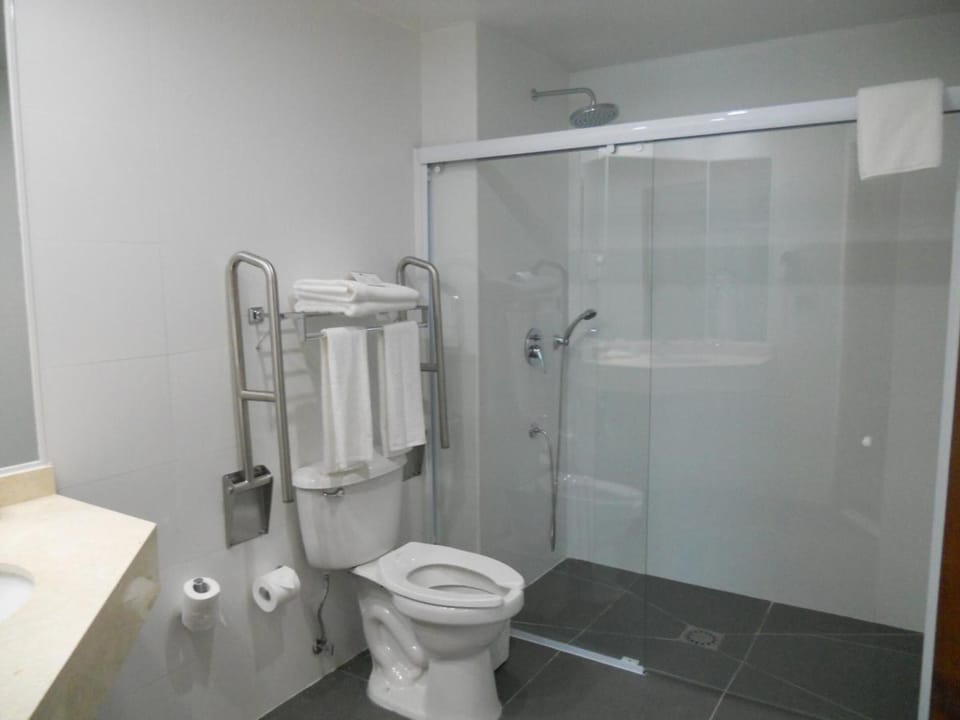 Combined shower/tub, free toiletries, hair dryer, towels